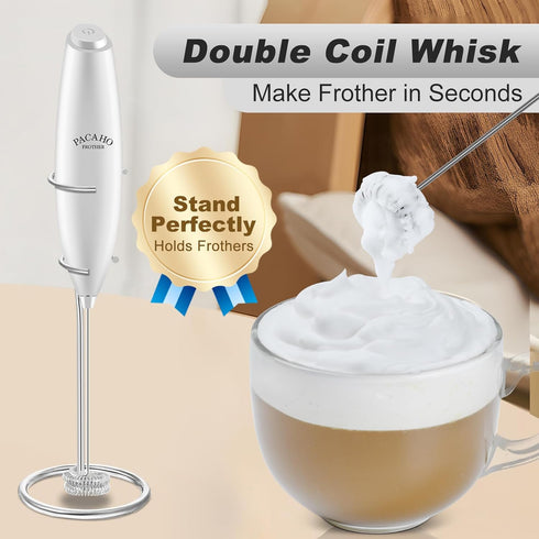 Powerful Milk Frother with Stand with Double Whisk, Handheld Electric Foam Maker, Hand Mixer Wand, Portable Mini Blender Foamer Stirrer for Coffee...