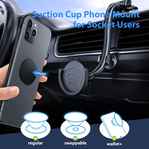 pop-tech Suction Cup Phone Mount for Socket User, Dashboard Car Phone Holder Cradle with 7.5 Inch Long Arm Gooseneck & Anti-Shake Stabilizer Compa...