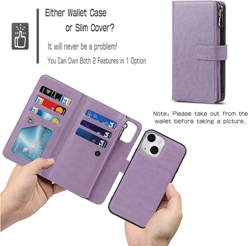 iCoverCase Compatible with iPhone 13 Pro Wallet Phone Case with Card Holder, PU Leather Zipper Pocket Magnetic Detachable Flip Case with Wrist Str...
