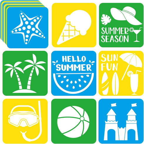 36pcs Summer Beach Drawing Stencils for Kids 8 Inch Sidewalk Chalk Stencils Painting Large Washable Reusable Tropical Palm Tree Themed Primary Sha...