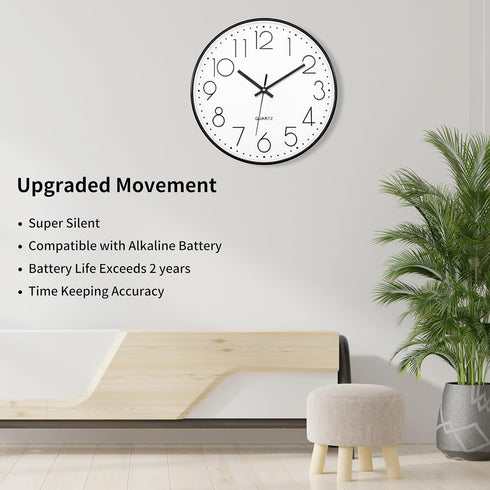 Foxtop Black Wall Clock 12 Inch Silent Non Ticking Quartz Battery Operated Round Clock Easy to Read for Office Classroom School Home Living Room B...