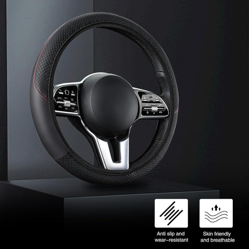 1 PC Car Steering Wheel Cover, Elastic Non-Inner Ring 3D Textured Leather Cover for All Seasons, Anti-Slip Easy-Grip Protection for 14.9" Steering...