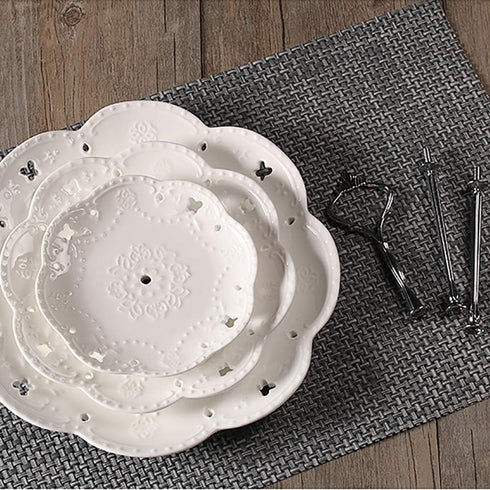 BonNoces 3-Tier Porcelain Cupcake Stand Serving Tray - White Embossed Elegant Dessert Cake Stand - Pastry Serving Stand for Tea Party, Wedding and...
