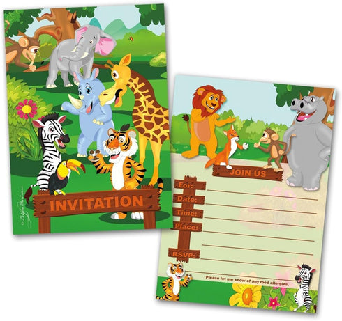 Leigha Marina Jungle Animals Party Invitation Cards for Kids, 20 Invites & 20 Envelopes - Fill in the Blank Greeting Notes - Multi-Use, Birthday, ...