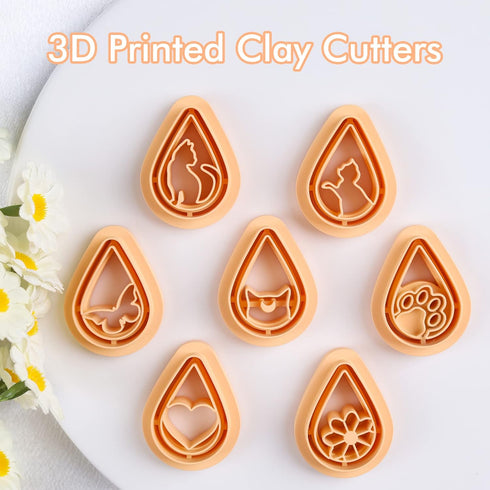 Puocaon Mystic Boho Clay Cutters - 7 Pcs Teardrop Polymer Clay Cutters for Earrings Making, Cute Cats Clay Earring Cutters, Flower Teardop Cutters...