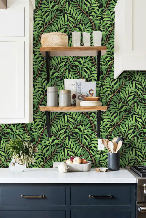 HAOKHOME 93382-1 Peel and Stick Wallpaper Forest Removable Stick on Contact Paper for Kitchen Morris Decor Black/Green/Brown 17.7in x 9.8ft...