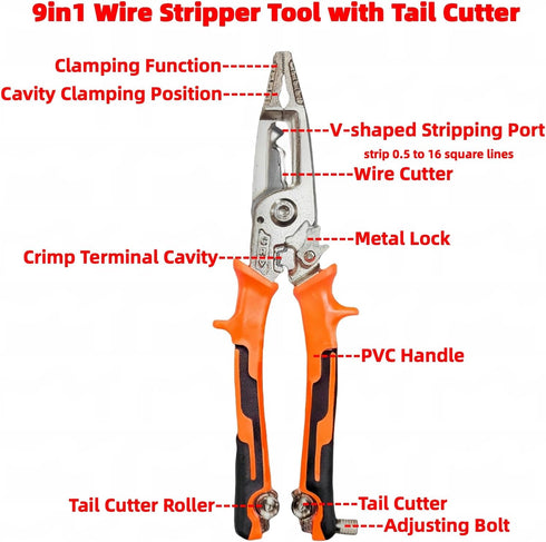 9in1 Wire Stripper Pliers Tool with Tail Cutter, 8"Multifunctional Wire Stripping Crimping Tool for Electrician & Lineman...