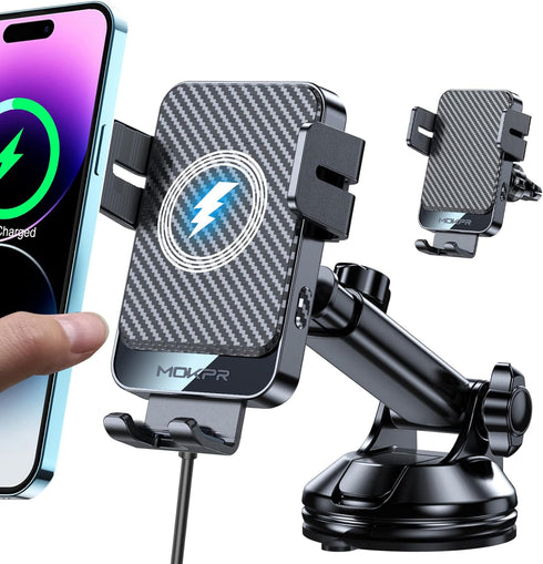 Wireless Car Charger, MOKPR 15W Fast Charging Auto-Clamping Car Mount Universal Hands-Free Car Charger Mount for Dash Windshield Air Vent Compatib...