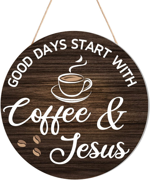 HMASYO Wood Coffee Signs, Good Days Start with Coffee & Jesus, Wood Farmhouse Wall Sign Bar Decor for Kitchen, Home, Office, Cafe Station Housewar...