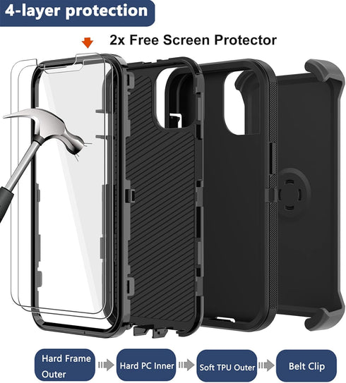 for iPhone 12 Mini Case with Belt Clip Holster, 2X Screen Protector, Heavy Duty Military Grade Full Body Shockproof Drop/Dust-Proof Rugged Protect...