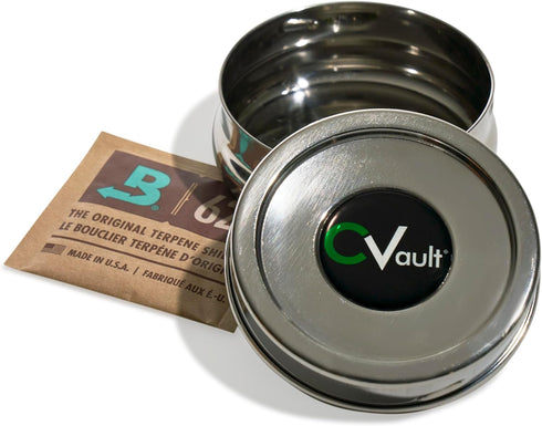 CVault by Boveda | 1/4 oz Twist Top Storage Container | Shatterproof, Air Tight & Light Resistant | Food Grade Stainless Steel | Includes 62% RH 8...