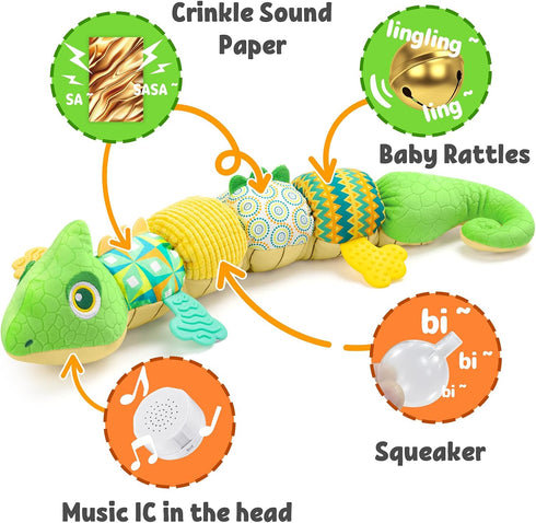 Baby Toys Musical Dinosaur,Infant Stuffed Animal Toys with Crinkle and Rattles,Soft Sensory Toys with Textures for Tummy Time Newborn Boys Girls 0...