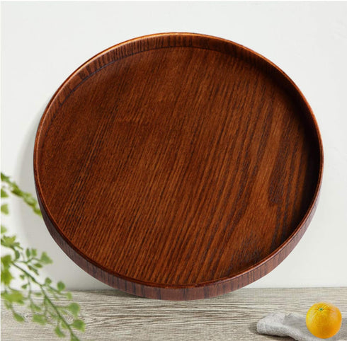 Solid Wood Serving Tray, Round Non-Slip Tea Coffee Snack Plate Food Meals Serving Tray with Raised Edges for Home Kitchen Restaurant (9.5inch, Bro...