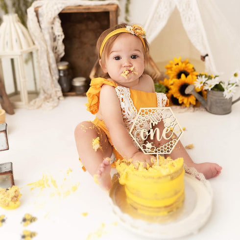 Huray Rayho Bumble Bee One Cake Topper for First Birthday 1st Honey Bee Theme Party Decoration Honeycomb Wood Cake Topper Bee Cake Supplies...