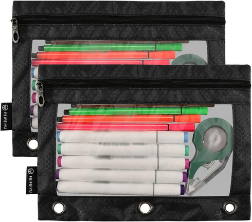 Binder Pencil Pouch 3 Ring Black Zipper Pencil Pouches Case 2 Pack Clear Window Binder Organizer for School Office...