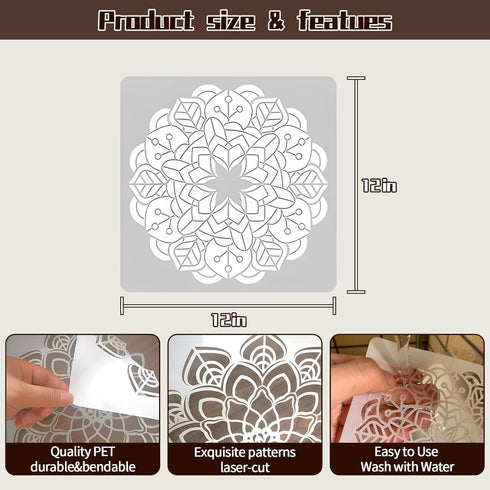 Wall Stencils for Painting Large Pattern, 9Pcs Mandala Stencils for Crafts on Wood Wall Floor, 12Inch Plastic Reusable Stencils for Furniture Deco...