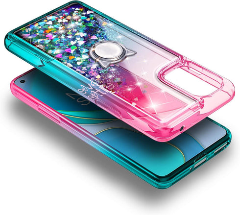 NZND OnePlus Nord N200 5G Case with Tempered Glass Screen Protector (Maximum Coverage), Ring Holder/Wrist Strap, Sparkle Glitter Flowing Liquid Wo...