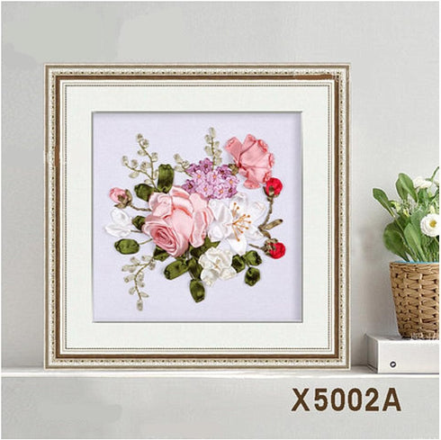 Egoshop Ribbon Embroidery Spring Flower Blooming Kit 3D Painting DIY Wall Decor Stamp Needle Work with Hoop (No Frame) X5002A...