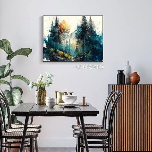 Watercolor Forest Poster,Green Trees Wall Art,Nature Serenity Watercolor Landscape Mountain Canvas wall art,Modern Botanical wall art.16x24 inch U...