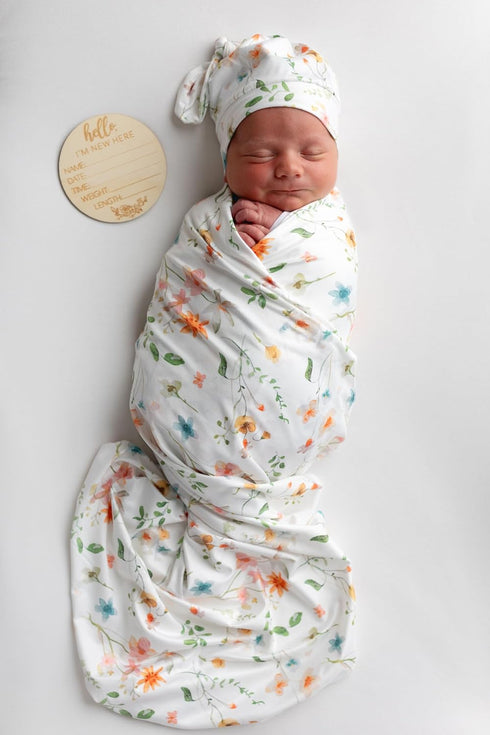 Baby Receiving Blanket Swaddle Blanket Infant Wrap with Matching Headband Beanie and Name Card (Green Leaf Flower)...