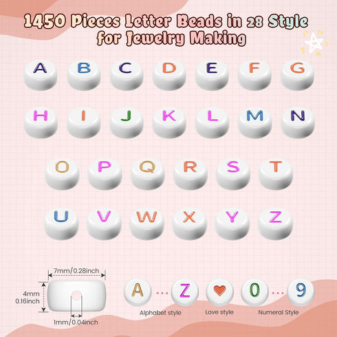 1450 Pieces Letter Beads kit, Acrylic 4x7mm Round Alphabet Beads for Bracelets Making, Letter Beads A-Z Heart Pattern Beads and Number Beads for B...