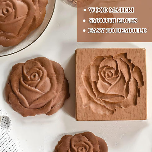 2 Pcs Wooden Cookie Cutter Embossing Mold - Rose Cookie Mold, Rose Cookie Stamp, 3D Carved Wooden Cookie Molds, Cookie Stamps for Baking Cookies D...