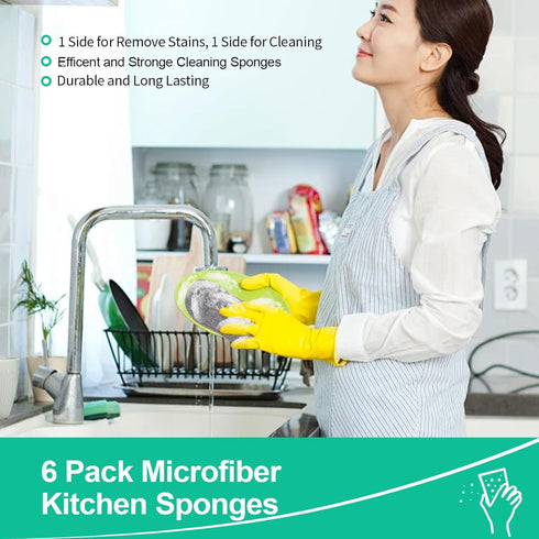 Upgrated Dual-Sided Sponges Kitchen, 6 Pack Microfiber Non Scratch Dish Scrub Sponge, All Purpose Dish Washing Scrubber for Cleaning Dishes, Kitch...