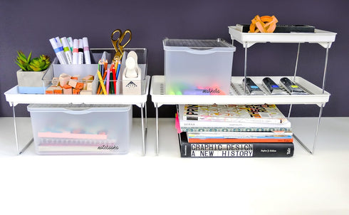 Madesmart Small Stackable Storage Shelf for Cabinets or Counters, Plastic Collapsible Cabinet Shelf for Home Organization, White , 9.38 x 7.63 x 1...