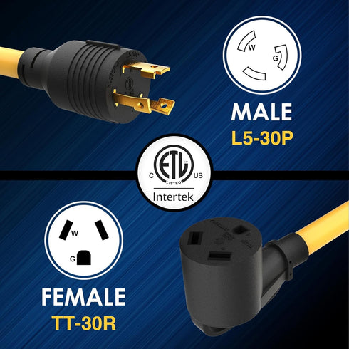 3 Prong 30 Amp Twist Lock Adapter, Generator to RV Adapter Cord with Handle, L5-30P Twist Lock Male to TT-30R Female, Heavy Duty STW 10 AWG for Ge...