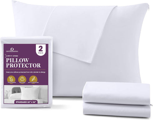 CirclesHome Pillow Protectors 2 Pack Standard Zippered - 100% Cotton Breathable Pillowcases - Protects Pillows from Dirt, Dust and Debri (Standard...