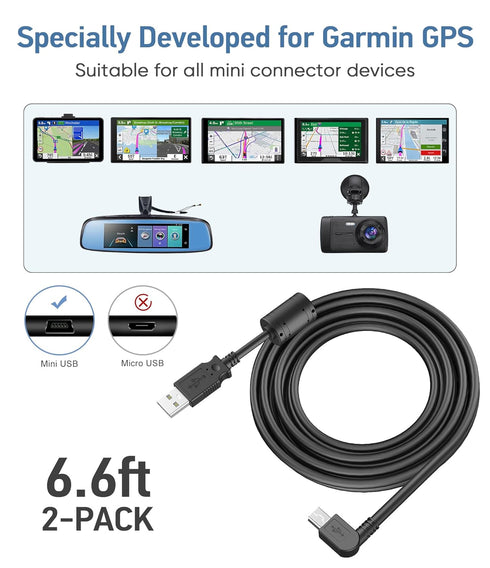 6.6Ft Charger Cable for Garmin GPS,(2 Pcs) 90 Degree Universal Mini USB Power Cable for Garmin GPS,Car Navigator Charger Adapter GPS Charger for G...