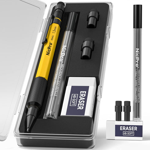 Nicpro 1.3 mm Mechanical Pencil Set with 12 Lead Refill, Eraser - Weatherproof Metal MP2000 Heavy Duty Carpenter Pencil for Outdoor Marking Drafti...
