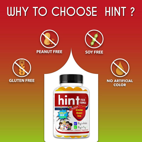 Hint Brain Memory Supplements for Kids & Teens, Omega 3 Brain Health, Focus & Eye Support Vitamins, Low Sugar 60 Gummies Support Attention & Conce...