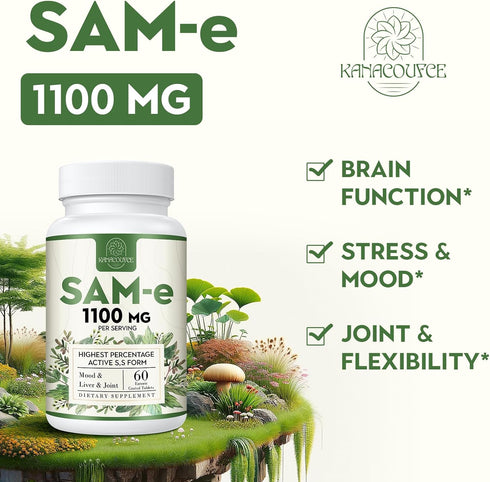 1100mg SAM-e (S-Adenosyl-L-Methionine), SAM e Supplement for Mood, Joint & Liver, Highest Concentration of Active S,S Form SAMe, Vegan, 60 Tablets...