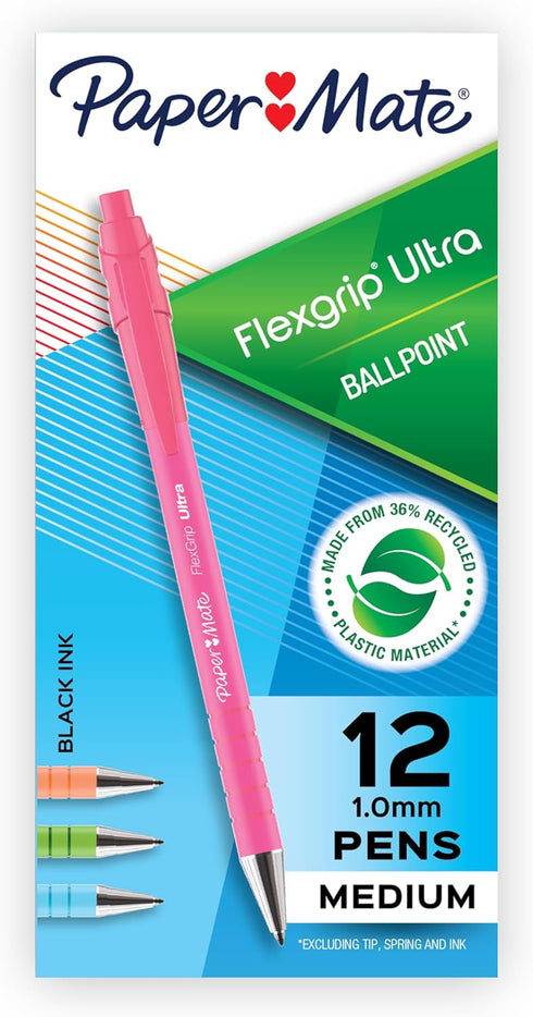 Paper Mate FlexGrip Ultra Ballpoint Pens, Made from Recycled Plastic Materials, Assorted Barrel Colors, Medium Point (1.0mm), Black, 12 Count...