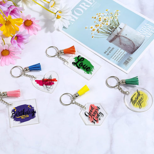 200Pcs Blank Keychains for Vinyl, Acrylic Keychain Blanks Bulk with 5 Shapes Clear Acrylic Disc Leather Tassel Charms Key Chains Jump Ring for DIY...