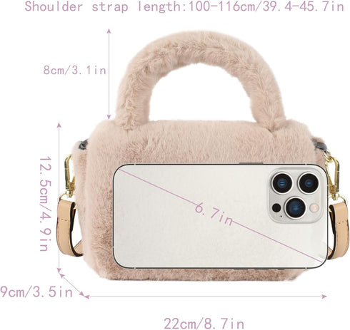 Women Faux Fur Winter Fashion Shoulder Bag Barrel Shape Drawstring Satchel Purse...