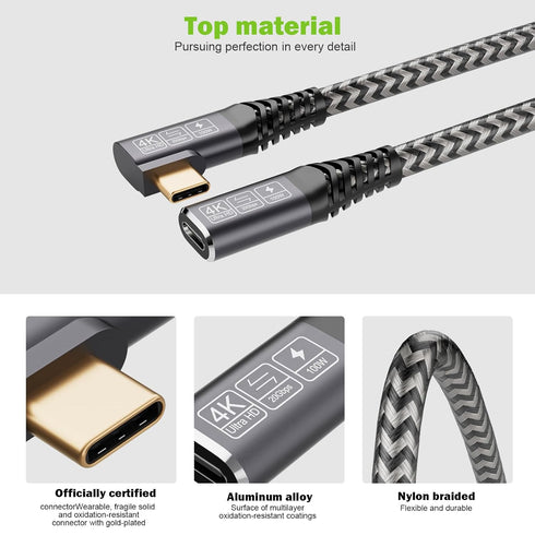 USB Type c Video Extension Cable, (6.6ft/2M/20Gbps/100W), 90 Degree USB C 3.2 Extender Fast Transfer Type C Extender Charging Compatible with iPad...