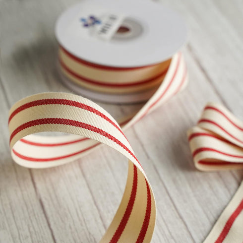 MEEDEE Natural Cotton Ribbon Stripes Fabric Ribbon 1 inch Red and White Stripe Ribbon for DIY Crafts Ribbon for Gift Wrapping Home Decor Sewing (1...