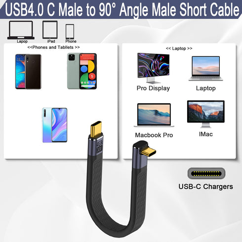 QIANRENON 240W USB4.0 C Male to 90° Angle Type C Male PD Fast Charging Short Cable 40Gbps USB Type C 4.0 Flat Soft Data Cable, for Thunderbolt 3/4...