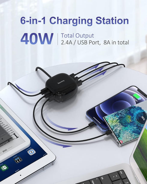 SUPERDANNY 6-Port USB Charger 8A, 40W Mini USB Charging Station, Charging Station for Multiple Devices, 4ft Cable, Compatible with iPhone, iPad, G...