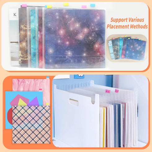 Anvin 12 Pcs Scrapbook Paper Storage Organizer for 12 x 12 Inch Paper with 60 Pcs Sticky Index Tabs Waterproof Individual Top Loading Files for Se...