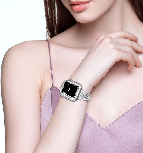 QVLANG Compatible with Apple Watch Band Series 9 8 7 45mm, Bling Series Band for Women + Diamond Rhinestone Case, Stainless Steel Metal Bracelet S...
