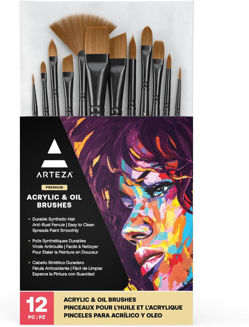 ARTEZA Paint Brushes, Set of 12, Premium Synthetic Brushes with Brass Ferrules & Wooden Handles...