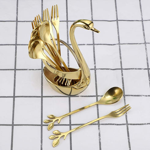 AnSaw Gold Swan Base Holder Set with 10 Pcs 4.7" Mini Leaf Teaspoons & Dessert Forks - Perfect for Appetizers,Salads,Cakes,Fruits,Cocktails,Tea,Es...