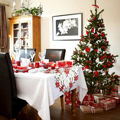OurWarm Christmas Embroidered Table Runners Poinsettia Holly Leaf Table Linens for Christmas Decorations 15 x 70 Inch...