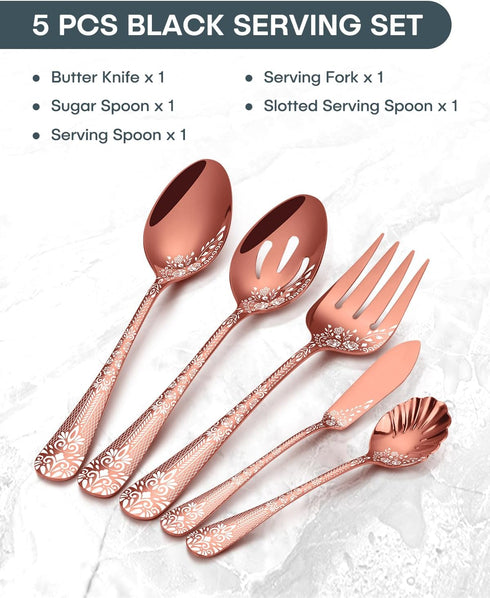EUIRIO Stainless Steel Copper Serving Utensils Large Serving Spoon Set Serving Fork Slotted Spoon Buffer Knife and Sugar Spoon Kitchen Party Suppl...