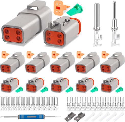 JRready ST6327-4 Deutsch 4 Pin DT Connector Kit, Gray Waterproof DT Connector 4 Pin(5 Pairs), Size 16 Stamped Contacts for Truck, Motorcycle, Off-...