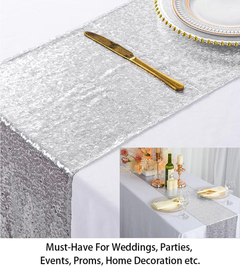 ShinyBeauty Sequin Tassel Table Runner Silver 12in x 90in Sequin Table Runners with Tassels Rustic Fall Table Runners for Home Decoration~1005E...