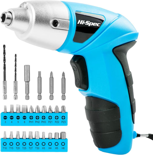 Hi-Spec 27pc 3.6V Blue USB Small Power Electric Screwdriver Set. Cordless & Rechargeable with Driver Bit Set...